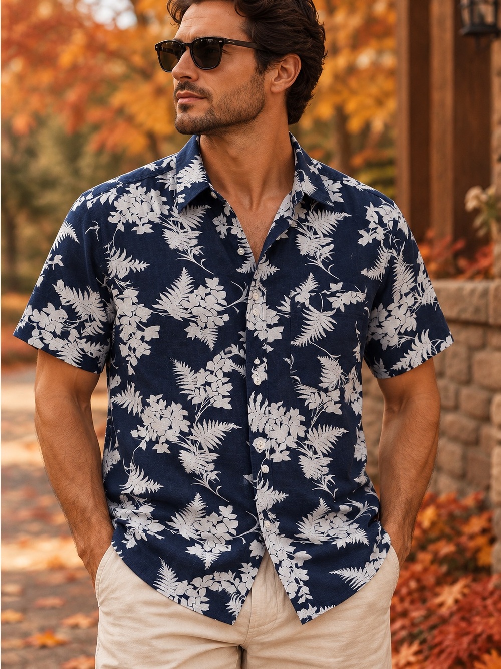 Banana Republic Navy and White Floral Short-Sleeve Button-Down Shirt